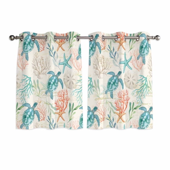 Teal Red Coastal Kitchen Curtains Window Panels, Retro Beach Nautical Sea Turtle Coral Insulated Window Treatment Curtain, Grommet Curtains for Bedroom/Living Room/Bathroom, 2 Piece 52"Wx45"L