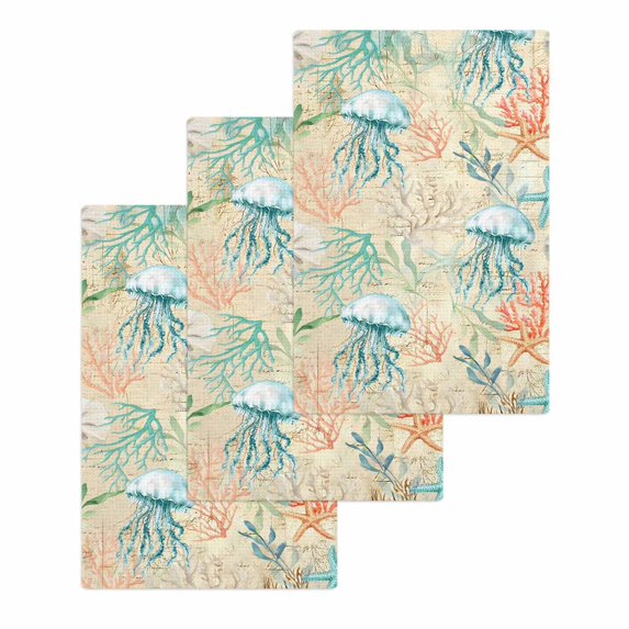 Teal Red Coastal Kitchen Dish Towels for Drying Dishes Set of 3, Jellyfish Nautical Beach Coral Starfish Waffle Weave Microfiber Hand Tea Bathroom Towels Quick Dry & Absorbent Towel 15.7x23.6