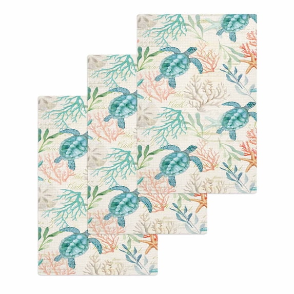 Teal Red Coastal Kitchen Dish Towels for Drying Dishes Set of 3, Retro Beach Nautical Sea Turtle Coral Waffle Weave Microfiber Hand Tea Bathroom Towels Quick Dry & Absorbent Towel 15.7x23.6