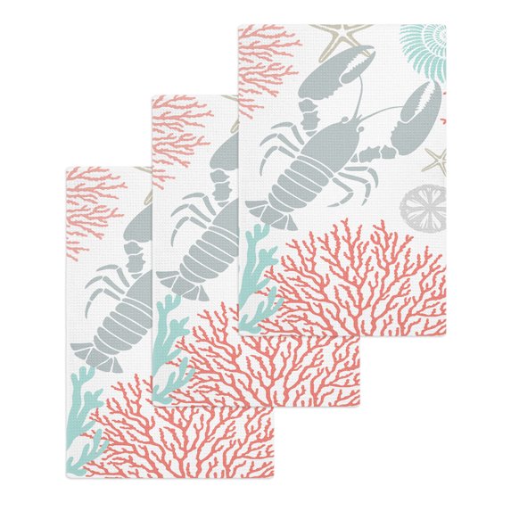 Teal Red Coastal Kitchen Dish Towels for Drying Dishes Set of 3, Summer Lobster Coral Nautical Waffle Weave Microfiber Hand Tea Bathroom Towels Quick Dry & Absorbent Towel 15.7x23.6