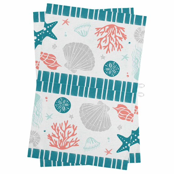 Teal Red Coastal Kitchen Towels Set of 2, Water Absorbent Dish Towel, Ocean Nautical Starfish Coral Striped Decorative Hand Towels - Quick Drying Cloth for Cooking Baking, 18x28 Inch