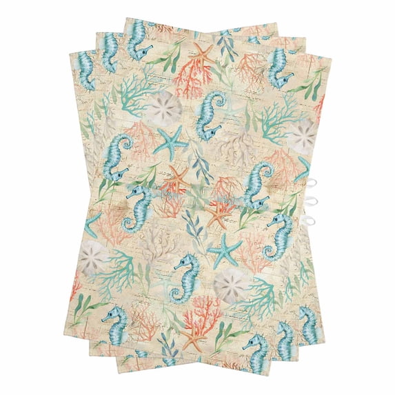Teal Red Coastal Kitchen Towels Set of 3, Water Absorbent Dish Towel, Nautical Seahorse Beach Coral Starfish Beige Decorative Hand Towels - Quick Drying Cloth for Cooking Baking, 18x28 Inch