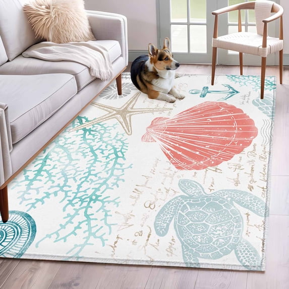 Teal Red Coastal Nautical Area Rug 4x6 FT,Non Slip Kids Room Carpet,Beach Sea Turtle Ocean Coral Starfish Washable Soft Floor Carpet Throw Rug for Dorm Kitchen Study Room Home Office Bedside
