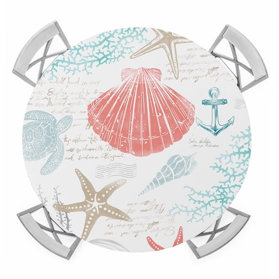 Teal Red Coastal Nautical Round Tablecloth for 45-54 Inch Tables,Fitted Table Cover with Elastic Edge,Beach Sea Turtle Ocean Coral Starfish Waterproof Outdoor Table Cloth Protector for Patio Dinner