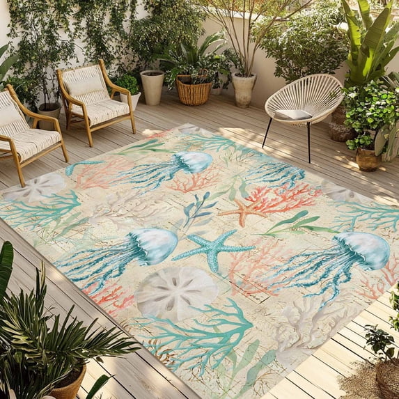 Teal Red Coastal Outdoor Rug for Patio/Deck/Porch, Non-Slip Large Area Rug 3 x 5 Ft, Jellyfish Nautical Beach Coral Starfish Indoor Outdoor Rugs Washable Area Rugs, Camping Rug Carpet Runner