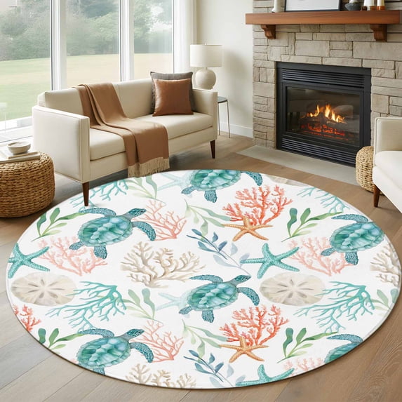 Teal Red Coastal Round Area Rug 8Ft Washable Large Circle Rugs for Living Room Dorm, Beach Nautical Sea Turtle Coral Starfish Non-Slip Carpet Floor Mats Indoor Outdoor Carpet Runner Home Decor