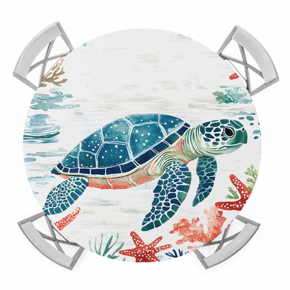 Teal Red Coastal Round Tablecloth for 36-44 Inch Tables,Fitted Table Cover with Elastic Edge,Summer Beach Turtle Starfish Nautical Waterproof Outdoor Table Cloth Protector for Patio Garden Dinner