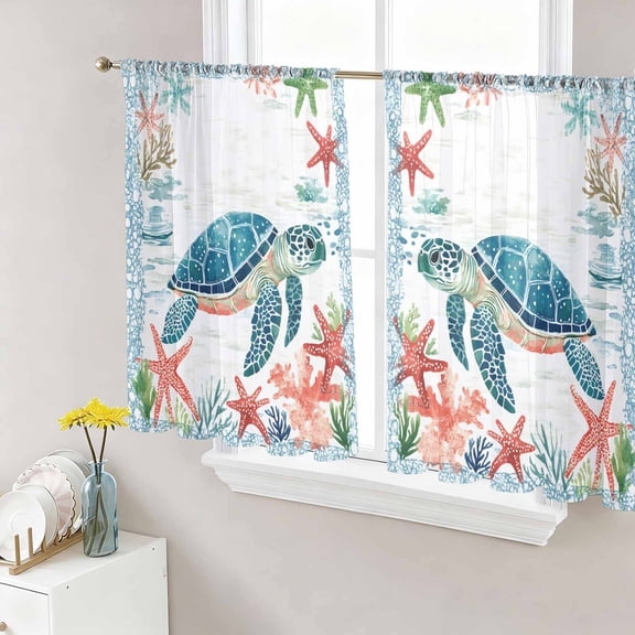 Teal Red Coastal Semi Sheer Curtains 54 Inch Length 2 Panels Set, Summer Beach Turtle Starfish Nautical Sheer Kitchen Curtain Privacy Voile Window Curtain for Living Room Bedroom Rod Pocket Drapes