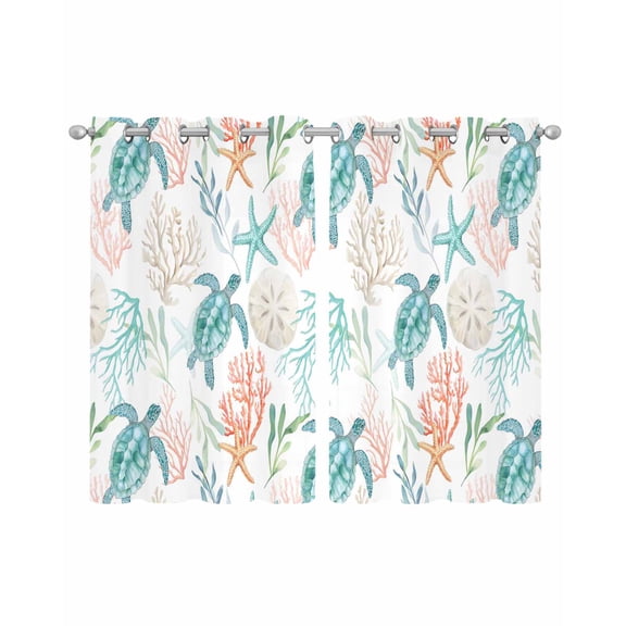 Teal Red Coastal Sheer Curtains 54 Inch Length 2 Panels Set for Living Room/Bedroom, Beach Nautical Sea Turtle Coral Starfish Kitchen Curtains Grommet Semi-Sheer Curtains Window Treatments 42"x54"x2