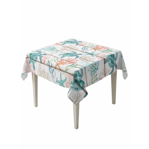Teal Red Coastal Suqare Tablecloth - 54 x 54 Inch, Beach Nautical Sea Turtle Coral Starfish Vintage Waterproof & StainResistant Tablecloth, Washable Oil-proof Table Cover for Dining/Party/Wedding