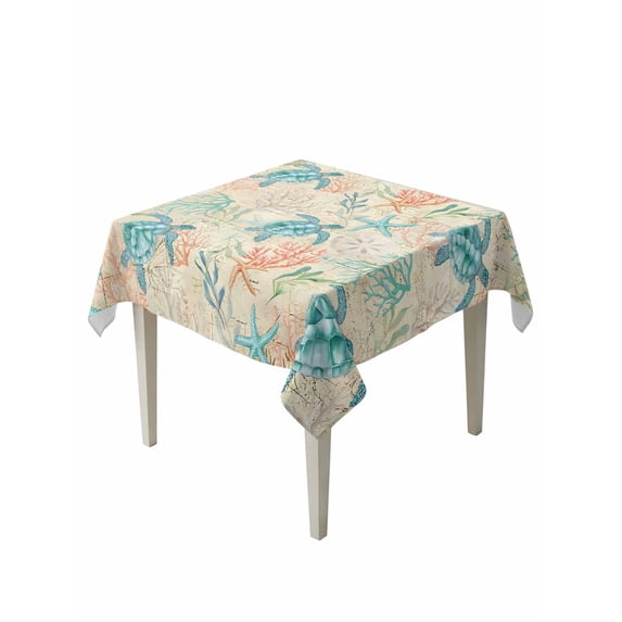 Teal Red Coastal Suqare Tablecloth - 54 x 54 Inch, Summer Beach Nautical Sea Turtle Coral Starfish Waterproof & StainResistant Tablecloth, Washable Oil-proof Table Cover for Dining/Party/Wedding