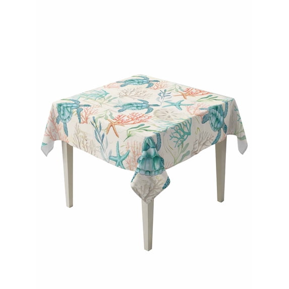 Teal Red Coastal Suqare Tablecloth - 60 x 60 Inch, Retro Beach Nautical Sea Turtle Coral Waterproof & StainResistant Tablecloth, Washable Oil-proof Table Cover for Dining/Party/Wedding/Camping/Buffet