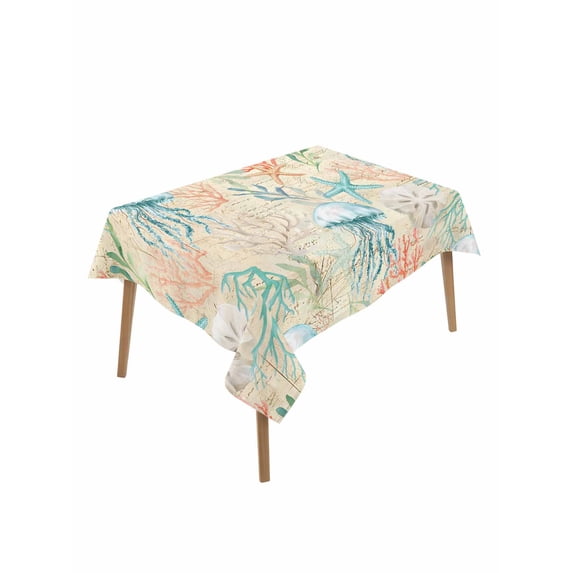 Teal Red Coastal Table Cloth, Waterproof Tablecloth for Rectangle Tables, Jellyfish Nautical Beach Coral Starfish Reusable Washable Fabric Table Cover for Restaurant Kitchen Dining Tables 60"x84"