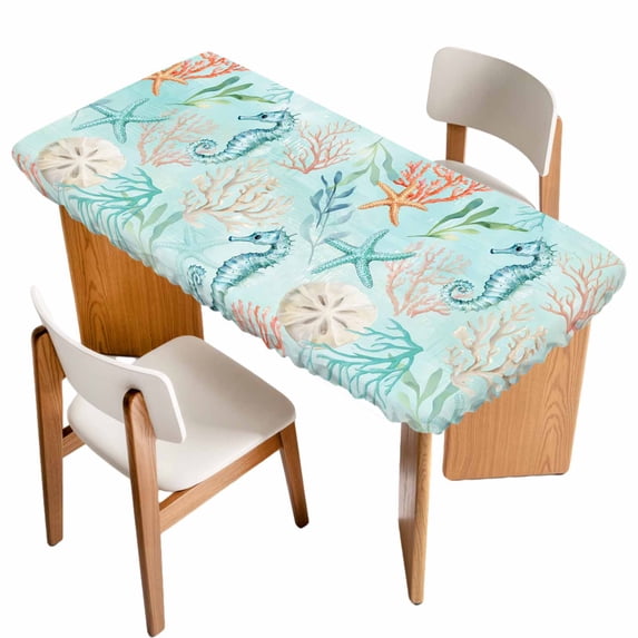 Teal Red Coastal Table Cloths for 3 Foot Rectangle Tables, Nautical Seahorse Beach Coral Starfish Patio Waterproof Elastic Fitted Tablecloths, Washable Rectangular Table Cover for Camping