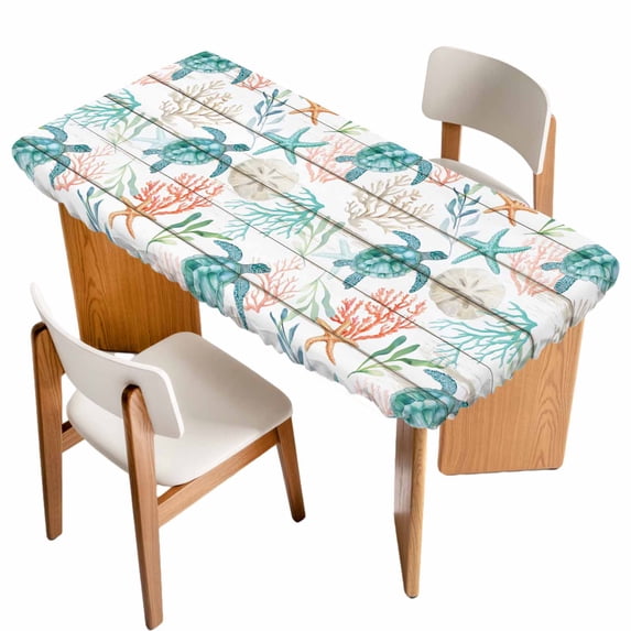 Teal Red Coastal Table Cloths for 4 Foot Rectangle Tables, Beach Nautical Sea Turtle Coral Starfish Vintage Patio Waterproof Elastic Fitted Tablecloths, Washable Rectangular Table Cover for Camping