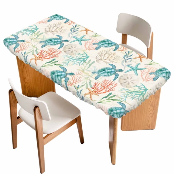 Teal Red Coastal Table Cloths for 4 Foot Rectangle Tables, Retro Beach Nautical Sea Turtle Coral Patio Waterproof Elastic Fitted Tablecloths, Washable Rectangular Table Cover for Camping