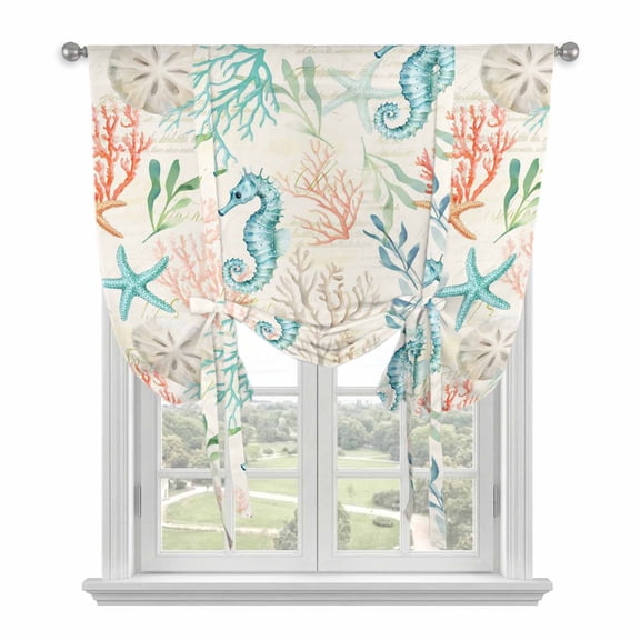 Teal Red Coastal Tie Up Curtains for Window, Thermal Insulated Balloon Shade Adjustable Rod Pocket Curtains Valance for Kitchen Bathroom Cafe 42 x 45 Nautical Seahorse Beach Coral Starfish Retro