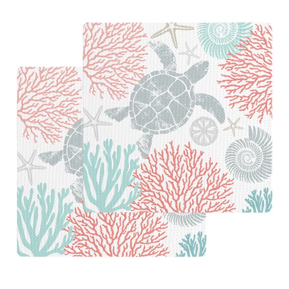 Teal Red Coastal Turtle Kitchen Dish Towels for Drying Dishes Set of 2, Ocean Coral Nautical Waffle Weave Microfiber Hand Tea Bathroom Towels Quick Dry & Absorbent Towel 12x12
