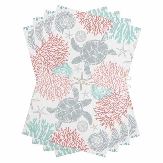 Teal Red Coastal Turtle Kitchen Towels Set of 4, Water Absorbent Dish Towel, Ocean Coral Nautical Decorative Hand Towels - Quick Drying Cloth for Cooking Baking, 18x28 Inch