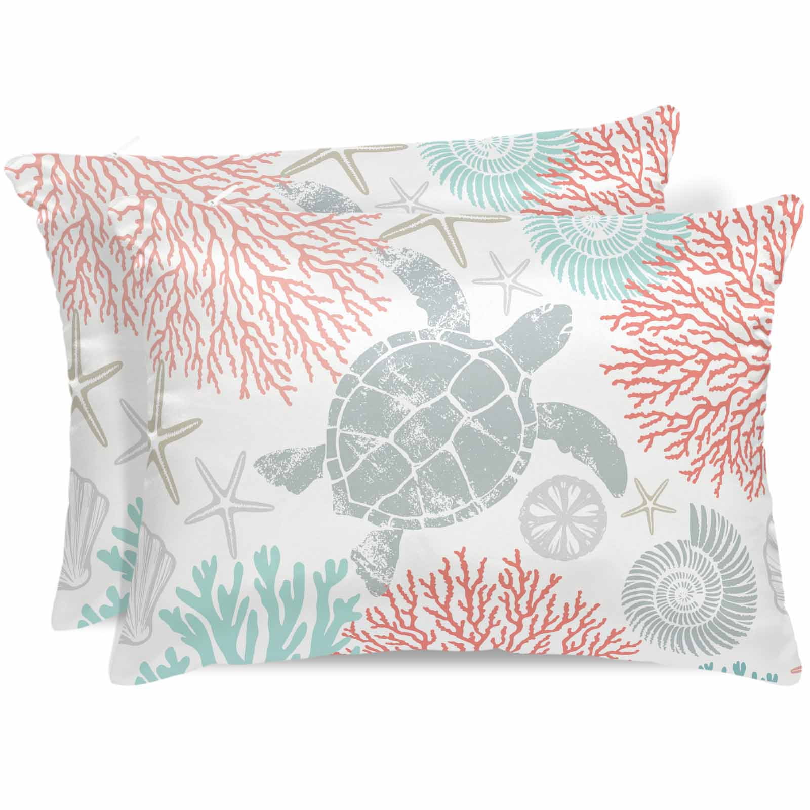 Teal Red Coastal Turtle Pillow Cases Standard Size Set of 2, Smooth Satin Pillowcase for Hair and Skin, Ocean Coral Nautical Decorative Cooling Bed Pillow Covers with Zipper, 20x26 Inches