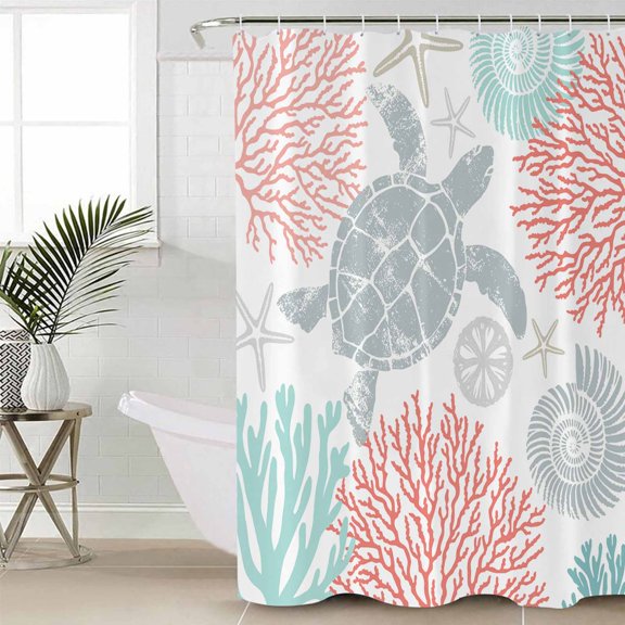 Teal Red Coastal Turtle Shower Curtain Set, Waterproof Shower Curtains for Bathroom, Ocean Coral Nautical Washable Fabric Cloth Bath Curtain for Bathtub Decoration with Hooks 60x72 Inches