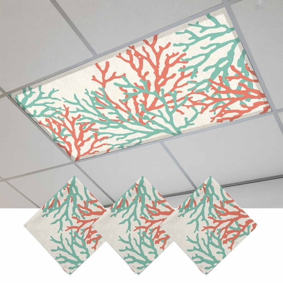 Teal Red Coral Magnetic Fluorescent Light Covers for Ceiling Lights 2x4Ft, Summer Ocean Nautical Coastal Rustic Burlap Office Classroom Kitchen Drop Ceiling Light Covers Filters Shade Panel 3 Packs