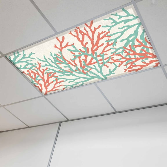 Teal Red Coral Magnetic Fluorescent Light Covers for Ceiling Lights 2x4Ft, Summer Ocean Nautical Coastal Rustic Burlap Office Classroom Kitchen Drop Ceiling Light Covers Filters Shade Panel 1 Pack