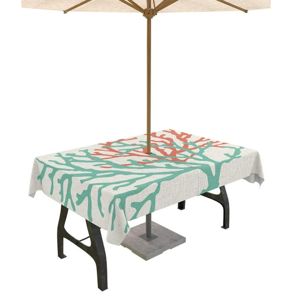 Teal Red Coral Outdoor Tablecloth - 60x120 Inch Rectangle Table Cover, Summer Ocean Nautical Coastal Rustic Burlap Waterproof Outdoor Table Cloth with Umbrella Hole & Zipper for Picnic/Patio/Party