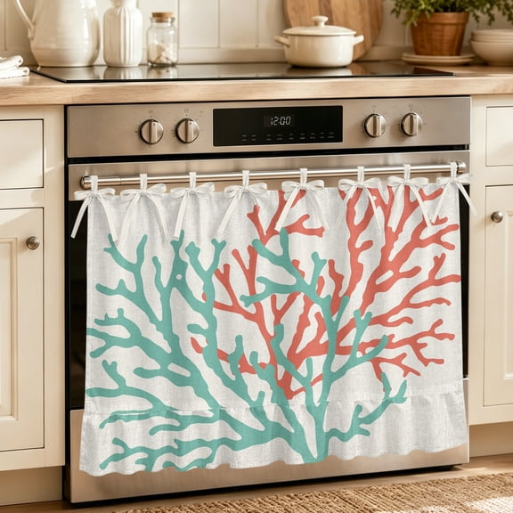 Teal Red Coral Oven Skirt Curtain 27"Wx20"L,Waterproof Ruffled Stove Cover Skirt with 8 Ribbon Ties,Summer Ocean Nautical Coastal Rustic Burlap Decorative Oven Door Curtain for Kitchen Dishwasher