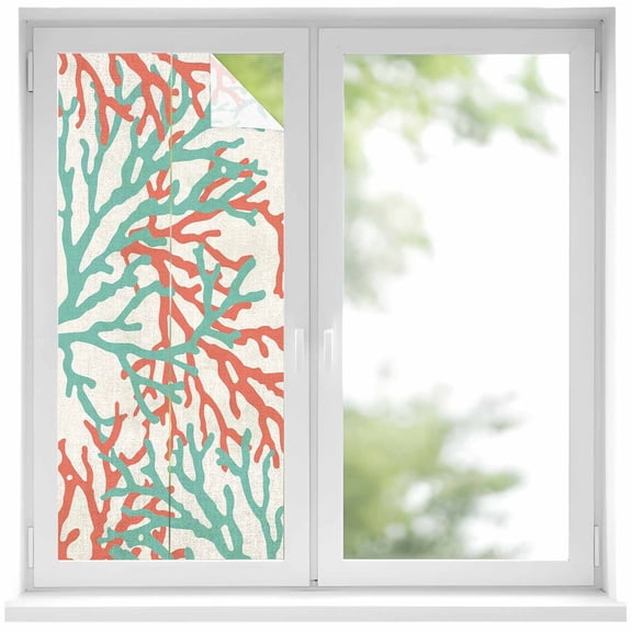 Teal Red Coral Privacy Window Film,Decorative Frosted Glass Window Film,Summer Ocean Nautical Coastal Rustic Burlap Reusable Peel Stick Static Cling for Home Bathroom Office Glass Door 17.7"x39.3"