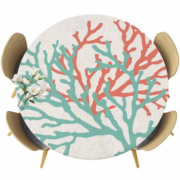 Teal Red Coral Table Cloth, Round Fitted Tablecloths with Elastic Edge, Summer Ocean Nautical Coastal Rustic Burlap Wipeable Waterproof Table Cover for Kitchen Wedding 36-44 Inches