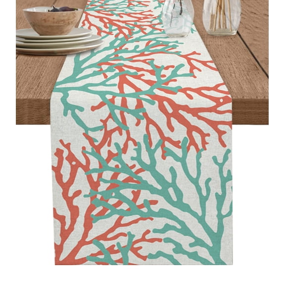 Teal Red Coral Table Runner Summer Ocean Nautical Coastal Rustic Burlap Tablerunners 13 x 70 Inch, Table Decorations Tabletop Scarf for Summer Gathering Holiday Farmhouse Kitchen Dining Decor