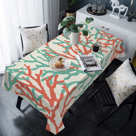 Teal Red Coral Tablecloth Rectangle Table Cloth 60x120 , Waterproof Tablecloth Outdoor Table Cloth, Summer Ocean Nautical Coastal Rustic Burlap Washable Table Cover for Kitchen Dining Party