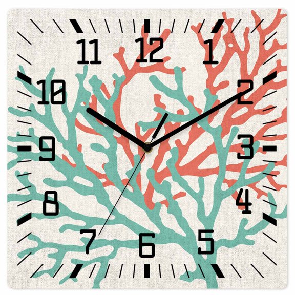 Teal Red Coral Wooden Wall Clock Silent Non Ticking, Summer Ocean Nautical Coastal Rustic Burlap Square Wall Clocks Battery Operated, Decor Clock for Home Office, Living Room, Kitchen, 10 Inch