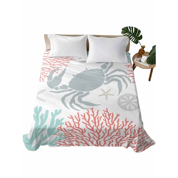 Teal Red Crab Coastal Flat Sheets Only Queen Size, Soft Breathable Bed Top Sheets for Mattress, Summer Coral Nautical Luxury Bedding Flat Sheets for Home Hotel Bedroom Bed Protection