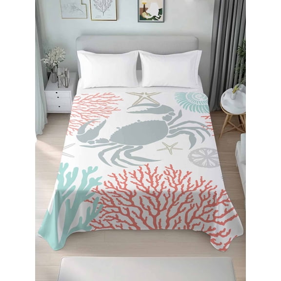 Teal Red Crab Coastal King Size Flat Sheet, Wrinkleproof & Fadeproof Cooling Flat Bed Sheet Only, Summer Coral Nautical Breathable Soft Bedding Top Sheets 105 x 98 Inches