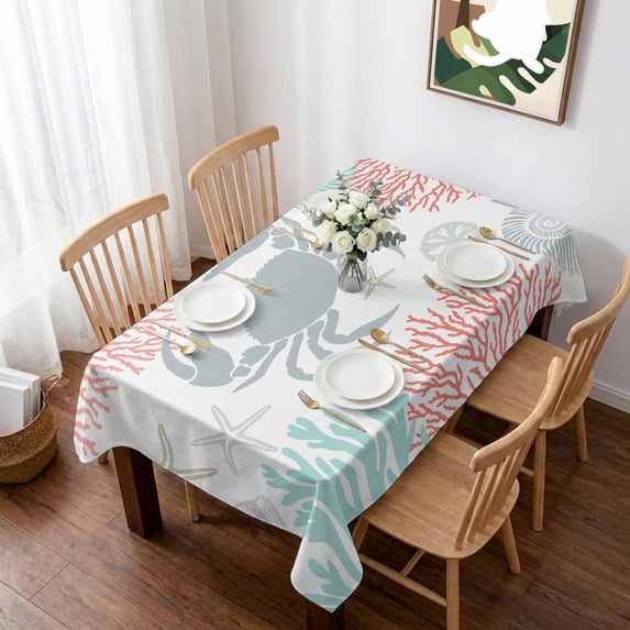 Teal Red Crab Coastal Table Cloth Waterproof Tablecloths, Summer Coral Nautical Tablecloth Dining Table Cover for Kitchen Party Tabletop Outdoor, Rectangle Tablecloth 52x70 Inch