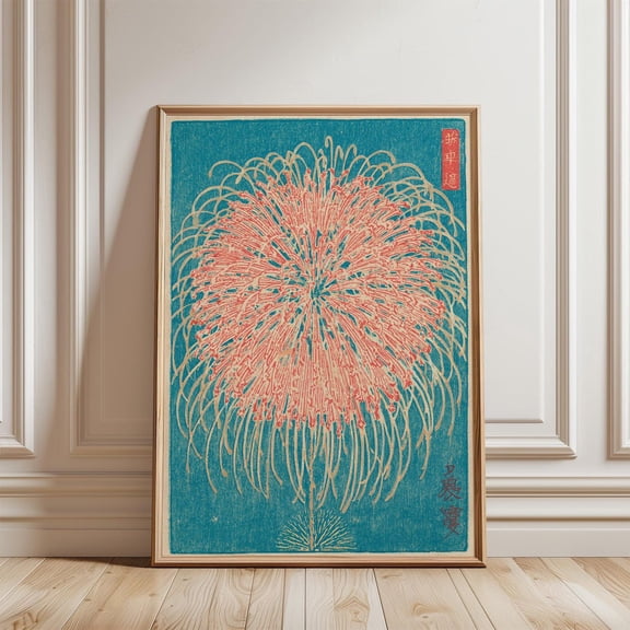 Teal Red Firework Japanese Woodblock Style Night Sky Artwork Unframed Paper Print