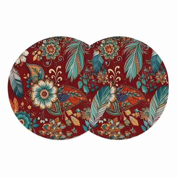 Teal Red Flowers Round Placemats Set of 2 Spring Floral Feather Place Mats Indoor Woven Table Mats Washable Heat-Resistance Braided Dining Table Placemats for Kitchen Holiday Party Home Decor 13 Inch