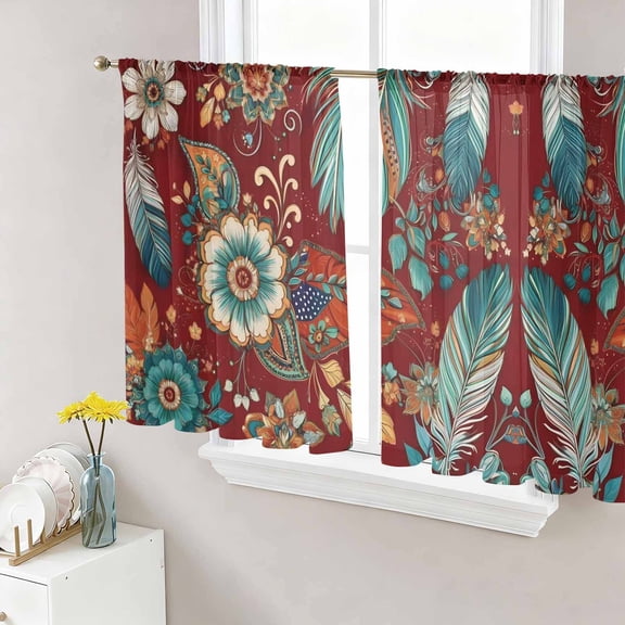 Teal Red Flowers Sheer Curtains for Living Room Bedroom Spring Floral Feather Sheer Curtains 45 Inch Long 2 Panels Set Light Filtering Curtain Window Treatments Drapes for Dining Room
