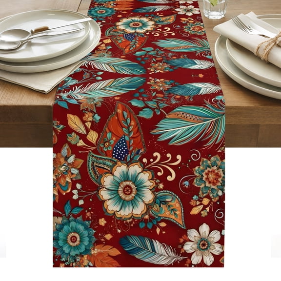 Teal Red Flowers Table Runner Spring Floral Feather Tablerunners 13 x 48 Inch, Table Decorations Tabletop Scarf for Summer Gathering Holiday Farmhouse Kitchen Dining Decor