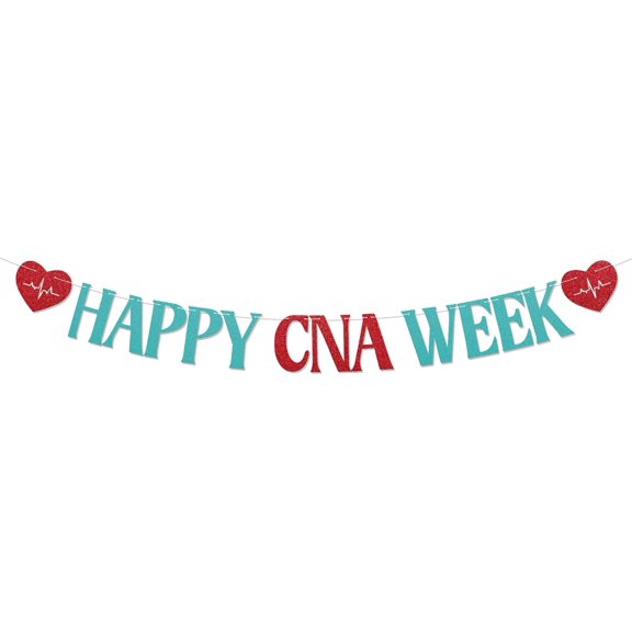 Teal Red Glitter Happy CNA Week Banner with Heart ECG Pattern Cutouts Certified Nursing Assistant Appreciation Week Wall Garland Party Decor Sign