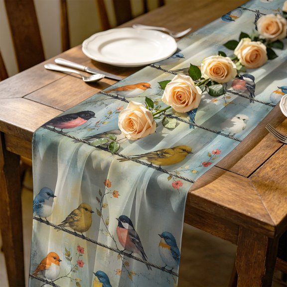 Teal Red Gold Bird 10 ft Cheesecloth Table Runner for Wedding 27"x120", Rustic Floral Horizon Wire Tree Branch Animal Kitchen Dinner Sheer Tulle Chiffon Dresser Scarf, Holiday Party Decorations
