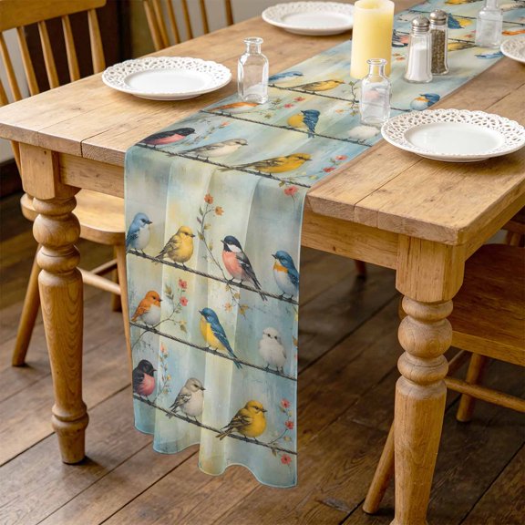 Teal Red Gold Bird 4.5ft Cheesecloth Table Runner for Wedding 19"x55", Rustic Floral Horizon Wire Tree Branch Animal Kitchen Dinner Sheer Tulle Chiffon Dresser Scarf, Holiday Party Decorations