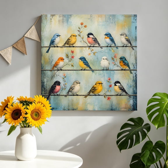 Teal Red Gold Bird Canvas Wall Art, Rustic Floral Horizon Wire Tree Branch Animal Framed Canvas Wall Decor Picture Print Artwork Decorations for Living Room Office Ready to Hang 8" x 8"