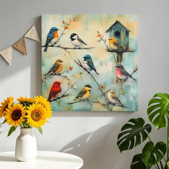 Teal Red Gold Bird Canvas Wall Art, Rustic Floral Wooden Birdhouse Tree Branch Framed Canvas Wall Decor Picture Print Artwork Decorations for Living Room Office Ready to Hang 8" x 8"