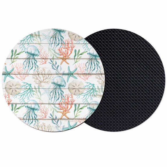 Teal Red Jellyfish Coastal Coasters Set of 2, Absorbent Coasters for Drinks, Vintage Beach Coral Starfish Nautical Coaster for Desk Coffee Table Protection, Home Decor House Warming Gifts 4"