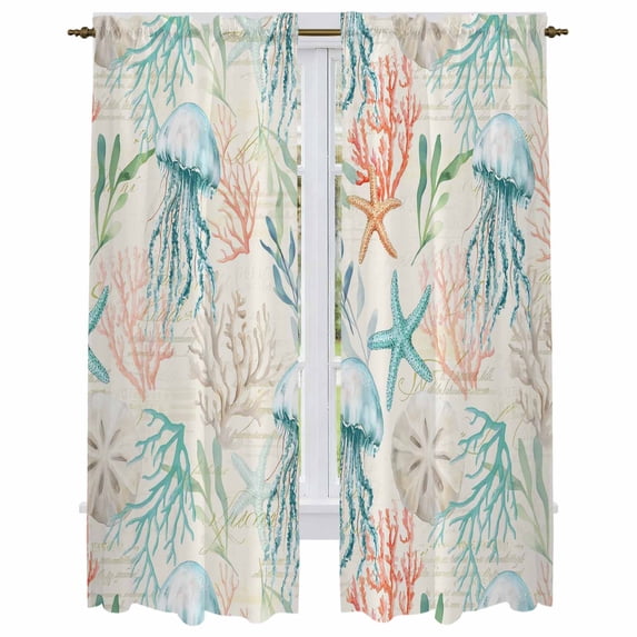 Teal Red Jellyfish Coastal Kitchen Curtain for Berdoom Living Room Cafe 72 Inch Length, Nautical Beach Coral Starfish Tiers Curtains Light Filtering Drapes Window Treatment 2 Panels 52"Wx72"L