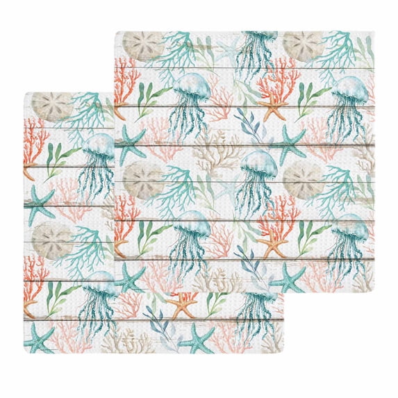 Teal Red Jellyfish Coastal Kitchen Dish Towels for Drying Dishes Set of 2, Vintage Beach Coral Starfish Nautical Waffle Weave Microfiber Hand Tea Bathroom Towels Quick Dry & Absorbent Towel 12x12