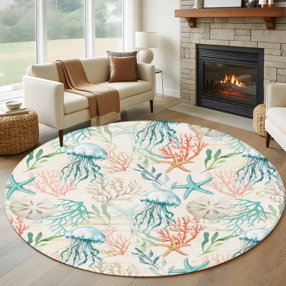 Teal Red Jellyfish Coastal Round Area Rug 5ft, Nautical Beach Coral Starfish Washable Non-Slip Circle Rugs for Bedroom Living Room Kitchen, Soft Low Pile Carpet for Dining Room Playroom Nursery